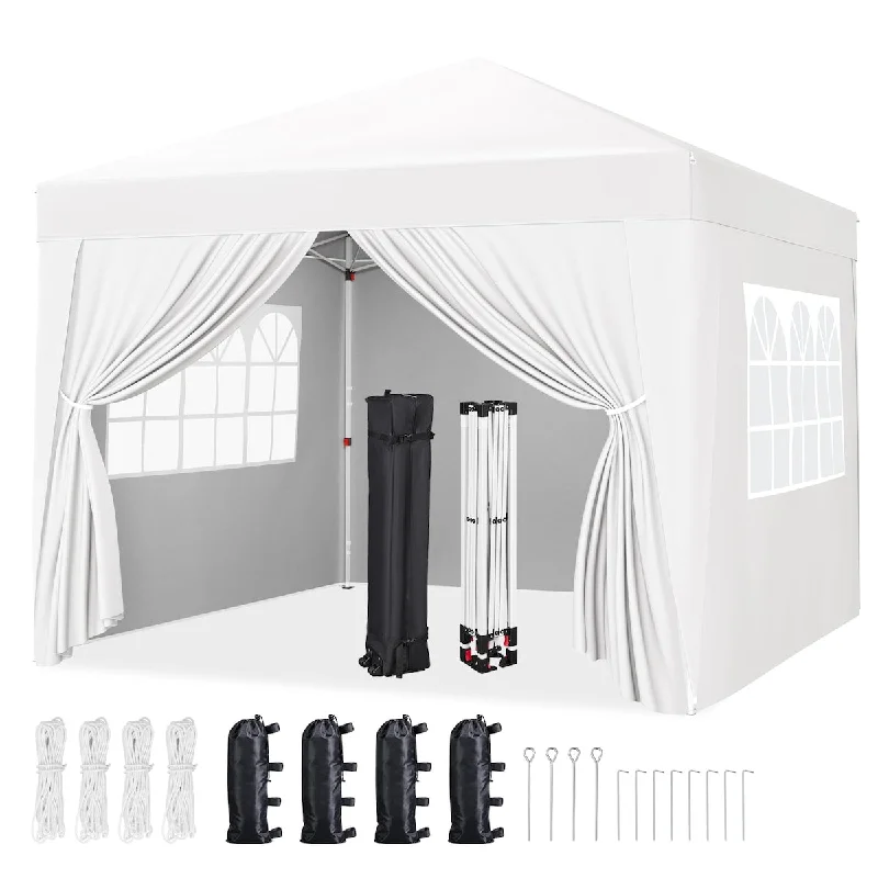 10x10 Pop Up Canopy with 4 Sidewalls, Portable Instant Outdoor Tent, Beach Sun Shelter with 4 Sandbags, 12 Stakes & 4 Ropes