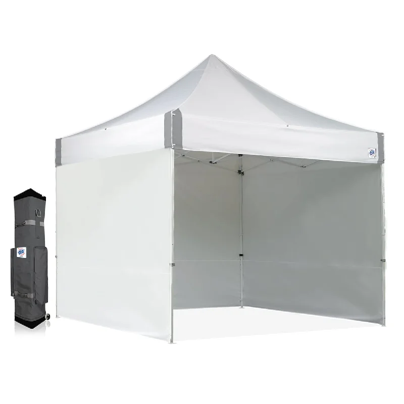 Instant Commercial Pop Up Canopy Tent, 10' x 10' with 3 Sidewalls, 1 Mid-Zip Sidewall and Wide-Trax Roller Bag, White