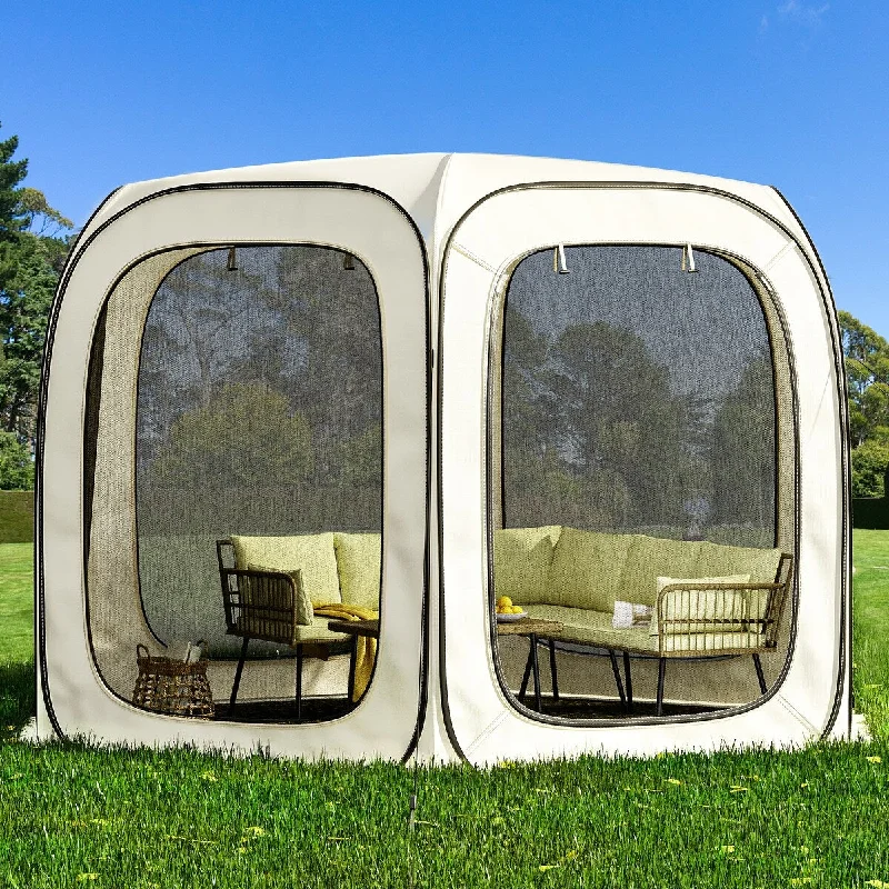 Outdoor Beige Camping Screen Room Gazebo with Storage Bag, Instant Screen Tent with 4/6 Mesh Zipper Doors