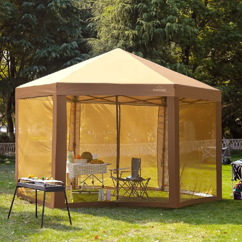 Outdoor Patio Hexagon Gazebo, Pop Up Instant Canopy, Garden Backyard Party Tent with Sidewalls(6.6' x 9.2'), Coffee Brown