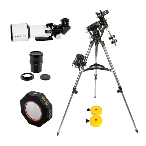 ED80 Essential Series Air-Spaced Triplet Refractor Telescope with iEXOS-100-2 PMC-Eight Equatorial Tracker System with WiFi and Bluetooth, 2 Extra Counterweights, Field Flattener and Solar Filter