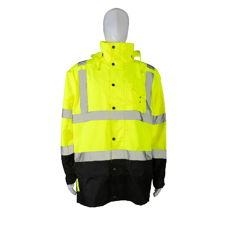 LBPJLW-C3 ANSI Class 3 High-Vis Lime / Black Bottom Waterproof Light Weight Parka Jacket / Trench Coat