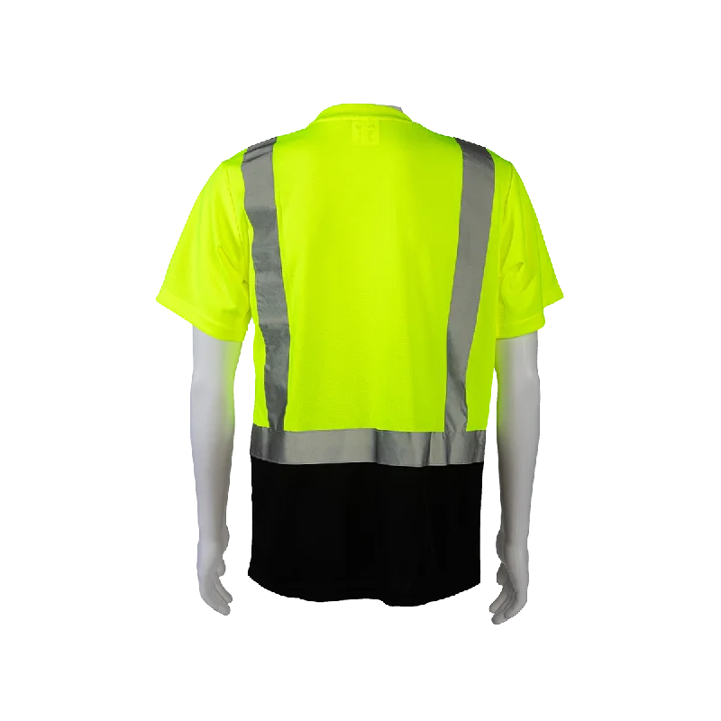 LBTS2 ANSI Class 2 High-Vis Lime/Black-Bottom Birdseye Mesh Short Sleeve Pocket T-Shirt